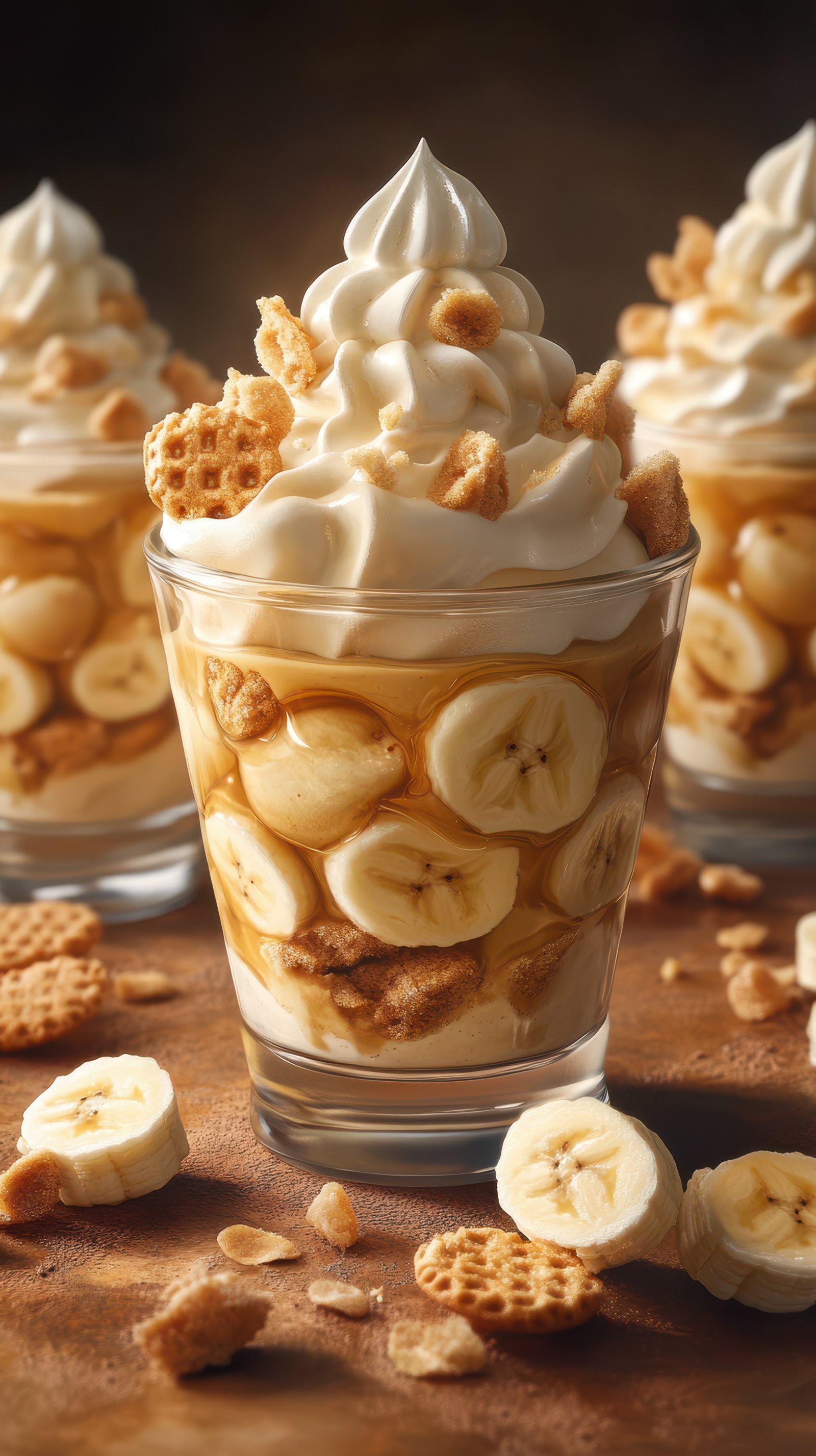 Delicious banana dessert with whipped cream and crispy toppings served in a clear glass at a cozy cafe